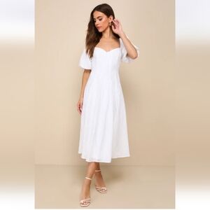 Lulu's Bridal White Midi Dress with Puff Sleeves